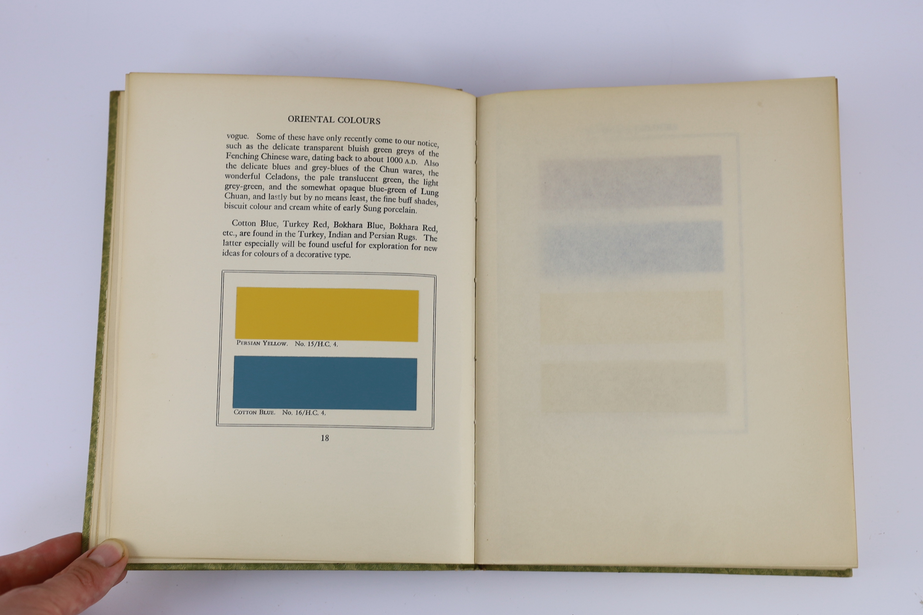Thomas Parsons and Sons Ltd. - Historical Colours, 4th (Library) Edition. 136 mounted colour samples; original green patterned boards with black labels, marbled and patterned e/ps. (The Company), 1950